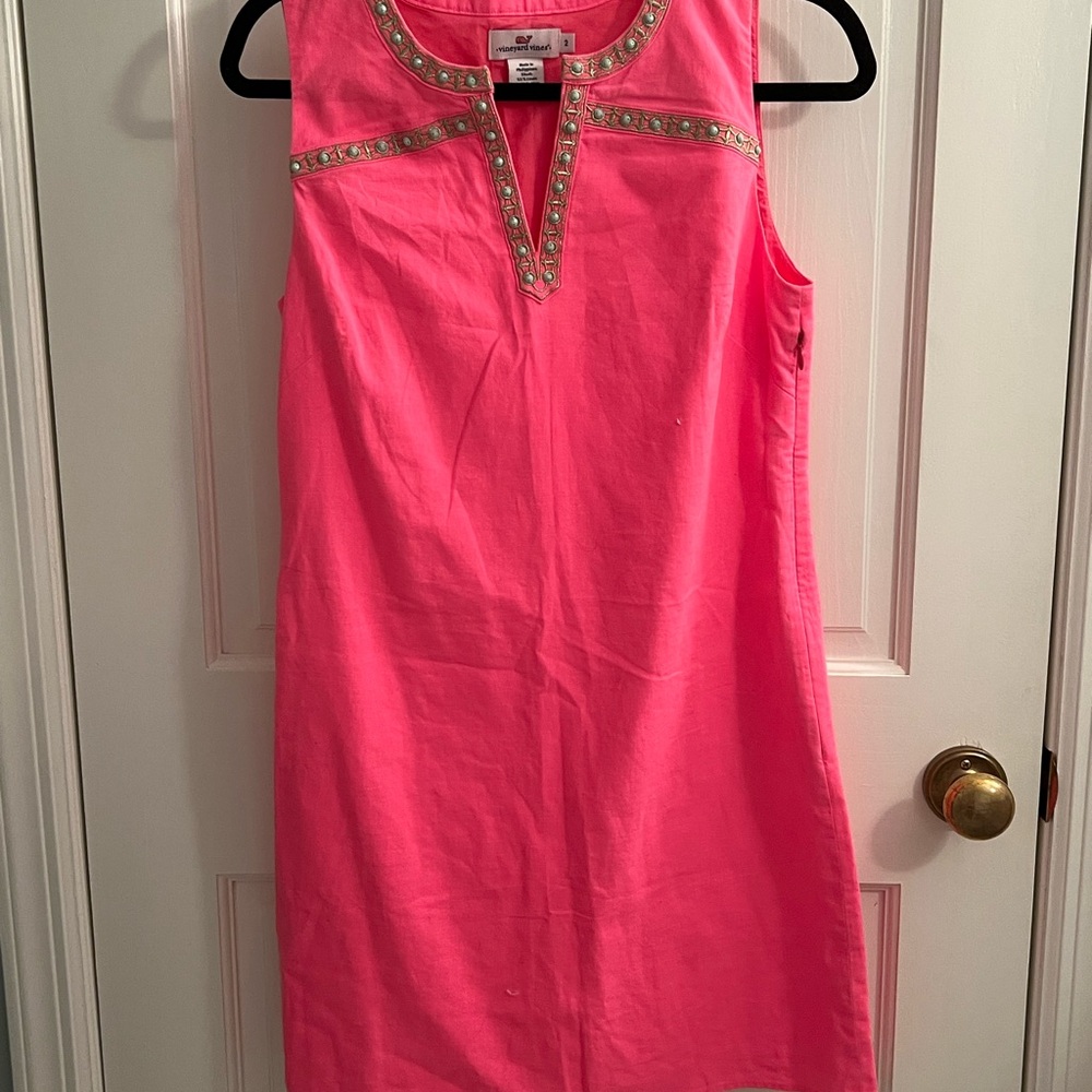 Vineyard Vines Pink Linen Cotton Dress with Embellished Trim